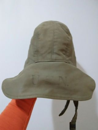 Vintage Wwii Usn U.  S.  Navy Green Deck Hat Cap W Adjust Strap.  Winter Cold.  7 1/2