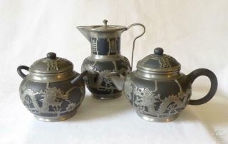 Antique 19th C Chinese Yixing Tea Set Wen Hua Shun Overlaid With Pewter Dragons