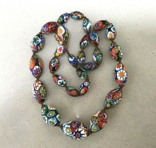 Vintage Italian Millefiori Murano Art Glass Bead Necklace 21”