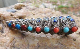 Art Deco Chinese Export Sterling Silver Turquoise,  Coral,  Enamel Filigree Pin
