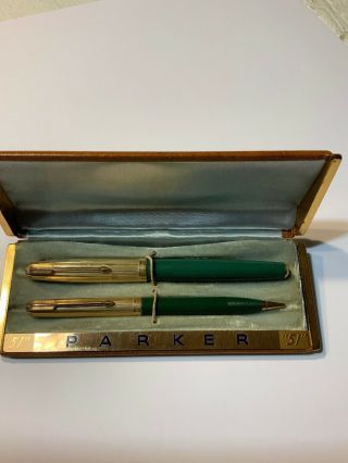 Vtg 14k Gold Filled Parker 51 Fountain Pen And Mechanical Pencil Jewel Cap Green