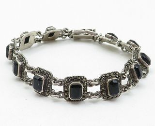 925 Silver - Vintage Black Onyx & Marcasite Square Link Chain Bracelet - B4859 2