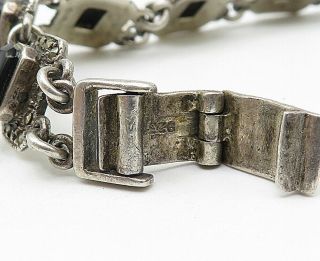 925 Silver - Vintage Black Onyx & Marcasite Square Link Chain Bracelet - B4859 3