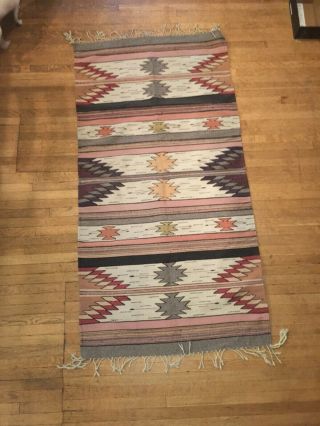 Navajo Native American Vintage Hand Woven Wool Rug Pale Colors 39 X 76 "