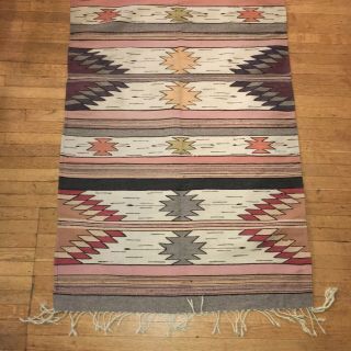 Navajo Native American vintage hand woven wool rug pale colors 39 x 76 