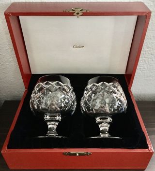 Vintage Pair Cartier England Cut Crystal Brandy Glasses Snifters W/ Case
