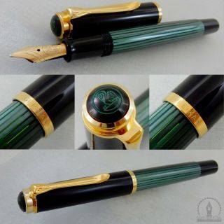 Old Style Pelikan M400 Green Striated Fountain Pen 14c Broad Nib Germany C1990