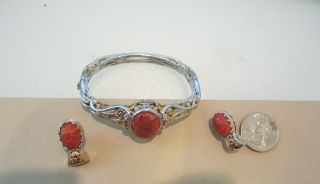 Michael Valitutti Nh Sterling & Gold Ruby,  Coral Agate Bracelet & Earrings Dem