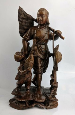 Chinese Large Cultural Revolution Carved Wood Figure Group Woman & Boy