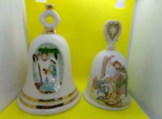 2 Different Vintage Hand Bells Ceramic Nativity Scene On Each Christmas Bells