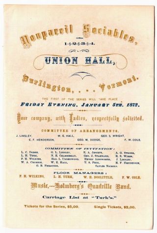 1872 Nonpareil Sociables Union Hall Burlington Vermont Invitation Music Band