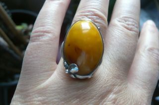 Art Nouveau Style Butterscotch Amber And Polish Silver Ring