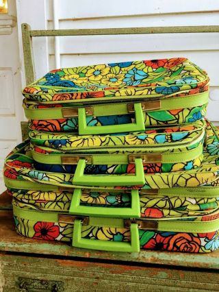 Vintage 60’s Set Of 4 Lime Green Flower Power Suitcase Set