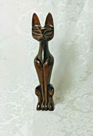 Tall Vintage Siamese Cat Figurine Carved Wood Japan 12 "