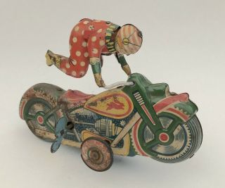 Vintage 1950s Acrocycle Tin Toy Wind - Up Clown & Motorcycle Alps Japan Well