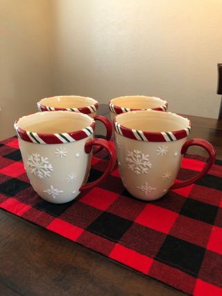 Longaberger Pottery Christmas Snowflake Jumbo Mugs - Set Of 4