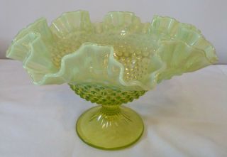 Vintage Fenton Art Glass Topaz Yellow Opalescent Hobnail 10 " Footed Comport Bowl