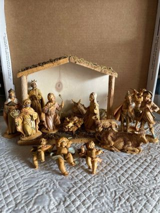 Fontanini Nativity Depose Italy Set Of 16 Figures & Animals W/ Creche Stable