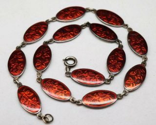 Vintage Sterling Silver Red Guilloche Enamel Necklace 46.  1 Grams Art Deco
