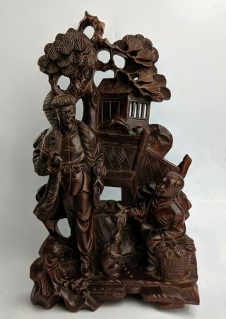 Chinese Cultural Revolution Carved Hard Wood Figural Group Man Boy & Rabbit Fine