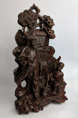Chinese Cultural Revolution Carved Hard Wood Figural Group Man Boy & Rabbit FINE 2