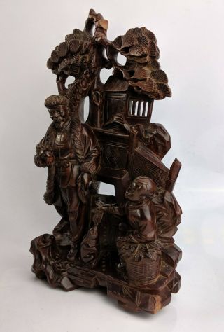 Chinese Cultural Revolution Carved Hard Wood Figural Group Man Boy & Rabbit FINE 3