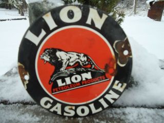Old Lion Gasoline Porcelain Enamel Gas Pump Station Door Sign