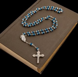 Antique Vintage Deco Sterling Silver Plated Blue Glass Catholic Rosary Necklace