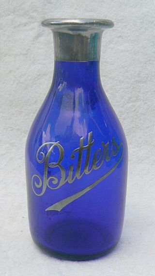 Antique Bitters Bottle,  Cobalt Blue & Sterling Silver Overlay