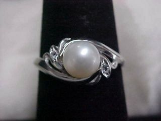 Estate Vintage Natural White Pearl & Diamond Ring 14k White Gold Sz 6