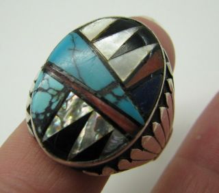 Sterling Silver Old Pawn Navajo Inlay Ring Turquoise Onyx Lapis Coral Mop 12.  5
