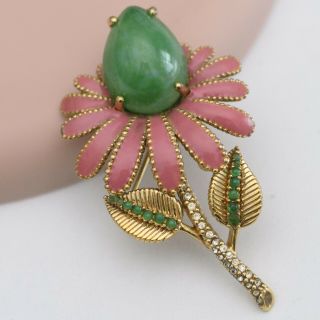 Vtg 1960’s Signed Ciner Jade Art Glass Pink Enamel Flower Goldtone Brooch Pin