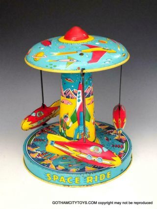 1940s J.  Chein Space Ride Lever Activated Tin Litho Wind Up Toy 1st Version