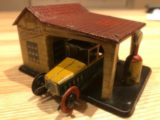 Antique Distler Germany Prewar Tin Penny Toy Garage & Car Extrem Rare 1925 Litho
