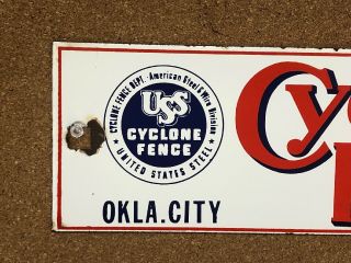 Vintage.  Cyclone Fence.  OKLAHOMA CITY United States Steel.  Porcelain Sign 3
