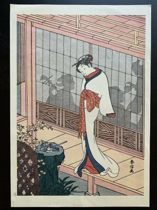 Antique Japanese Color Wood Block Print Geisha