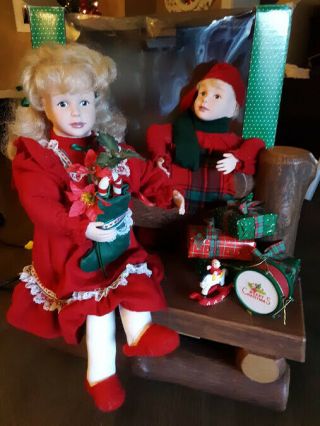 Vintage Holiday Creations Animated/ Musical Girl On Bench With Boy Pajamas Cute