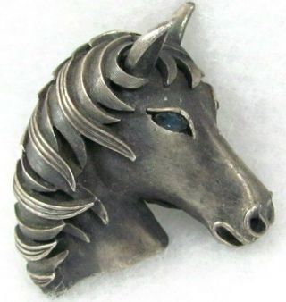 Vintage Crown Trifari Brushed Silver Tone Horse Brooch Blue Rhinestone Eyes