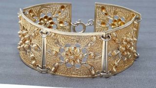 Vintage Sterling Silver Gold Plated Filigree Link Bracelet 7 "