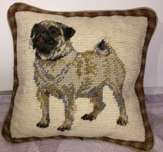 White Pug Dog Wool Needlepoint Pillow 10 " By 10 "