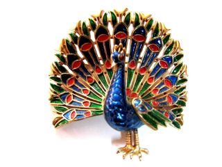 Stunning Vintage Crown Trifari Enamel Peacock Brooch Pin