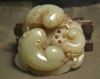 Chinese Vintage Hetian Jade 3 Pi Xiu Happy Lucky Family Totem Hand Play Carving