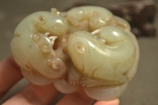 Chinese Vintage Hetian Jade 3 Pi Xiu Happy Lucky Family Totem Hand Play Carving 2