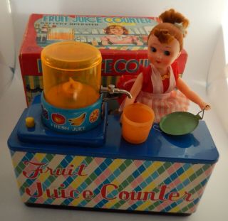 Fruit Juice Counter Girl B/o Tin Toy Japan Vintage And Rare