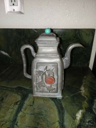Antique Chinese Pewter Wine Pot Agat Inlay 1900