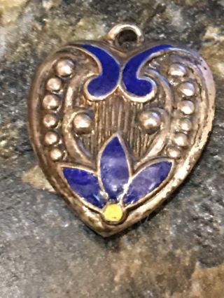 Vintage 1940’s Sterling Puffy Heart Charm: Uncommon Design,  Blue/yellow Enamel