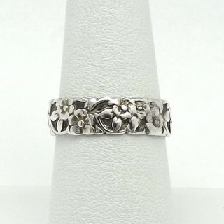 Victorian Sterling Silver Repoussé Floral Flowers Wedding Band Ring Sz 7.  5
