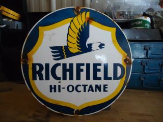 Old Vintage Richfield Hi - Octane Gasoline Porcelain Enamel Gas Pump Sign