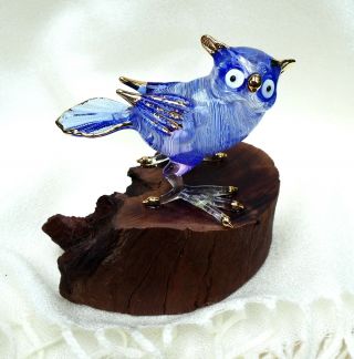 Blue Owl Figurine Hand Blown Art Glass Bird On Natural Wood Base 4 Inch - Gift
