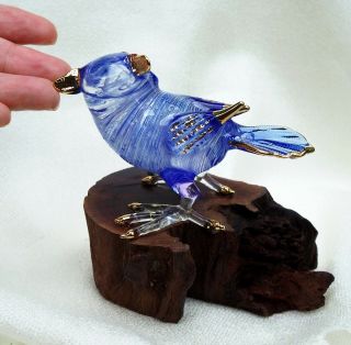 Blue OWL figurine hand blown ART GLASS bird on natural wood base 4 inch - GIFT 2